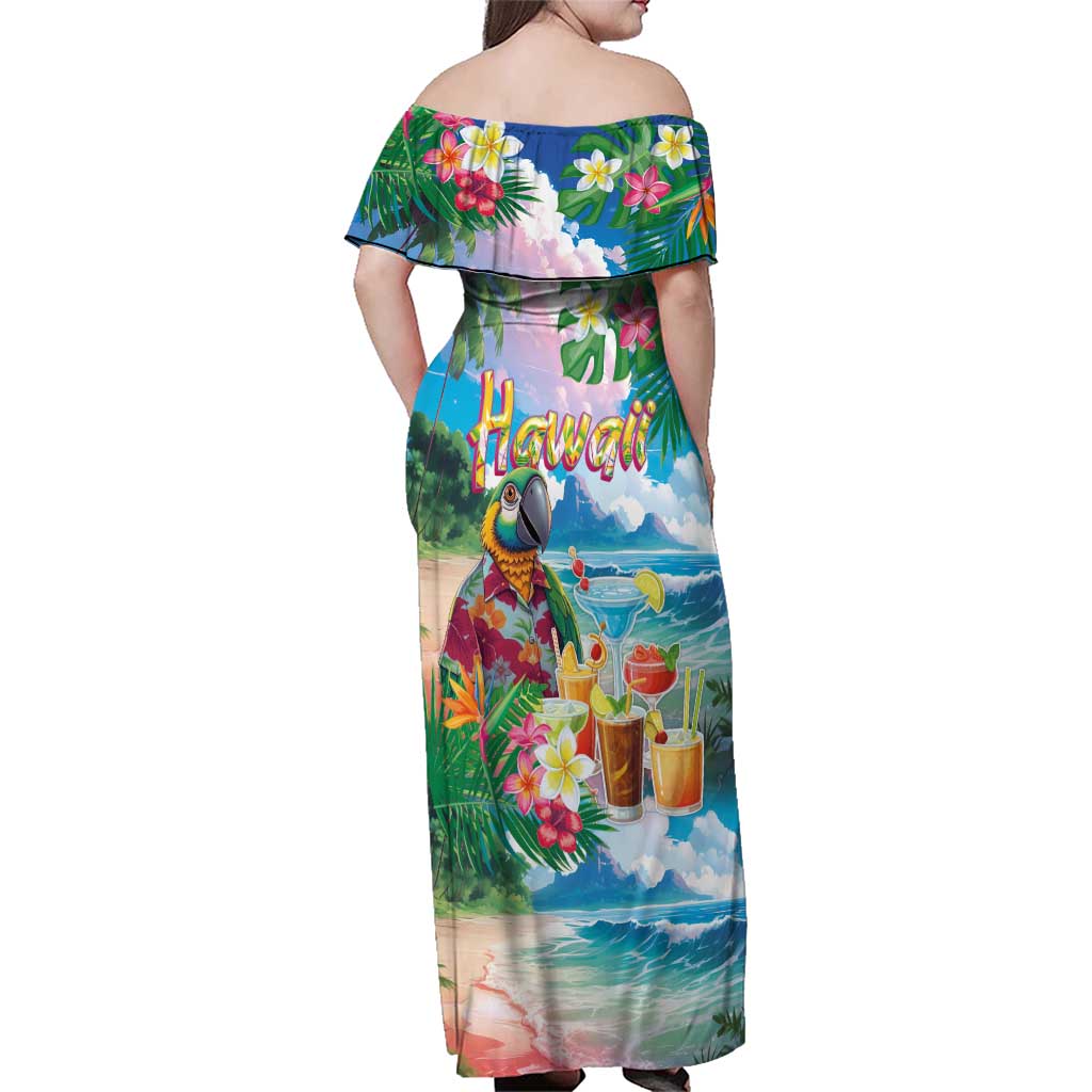 Hawaii Cocktails Family Matching Off Shoulder Maxi Dress and Hawaiian Shirt Parrot with Cute Beach Landscape and Tropical Plants LT03 - Polynesian Pride