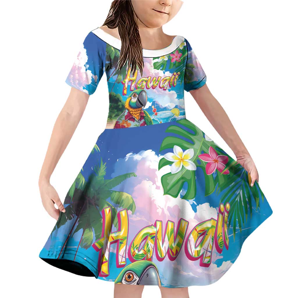 Hawaii Cocktails Family Matching Off Shoulder Short Dress and Hawaiian Shirt Parrot with Cute Beach Landscape and Tropical Plants LT03 Daughter's Dress Pastel - Polynesian Pride