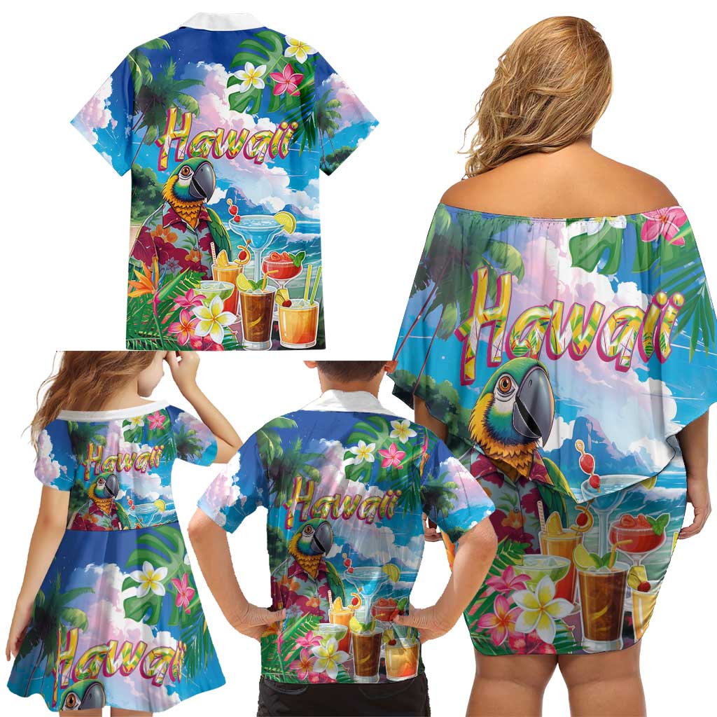 Hawaii Cocktails Family Matching Off Shoulder Short Dress and Hawaiian Shirt Parrot with Cute Beach Landscape and Tropical Plants LT03 - Polynesian Pride