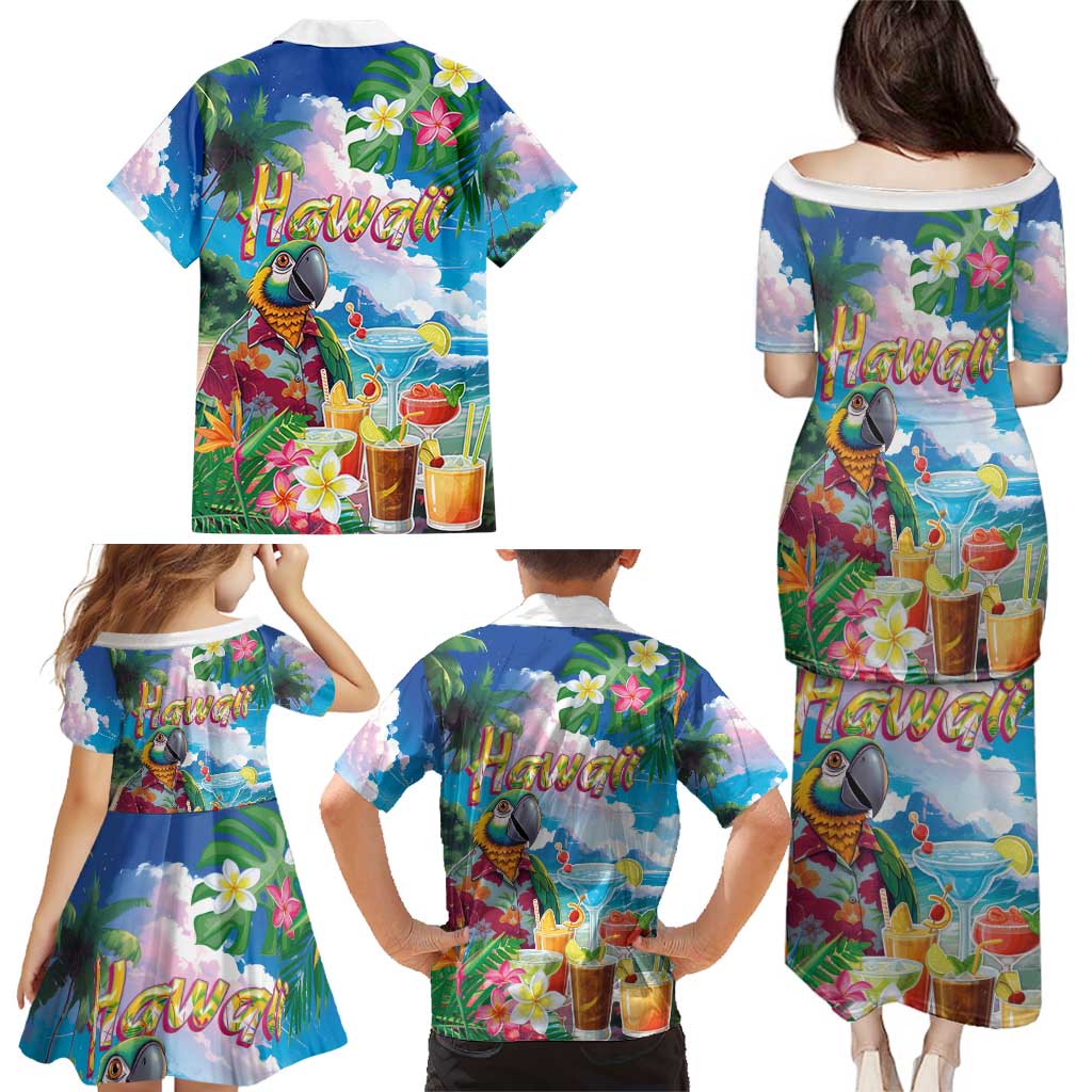 Hawaii Cocktails Family Matching Puletasi and Hawaiian Shirt Parrot with Cute Beach Landscape and Tropical Plants LT03 - Polynesian Pride