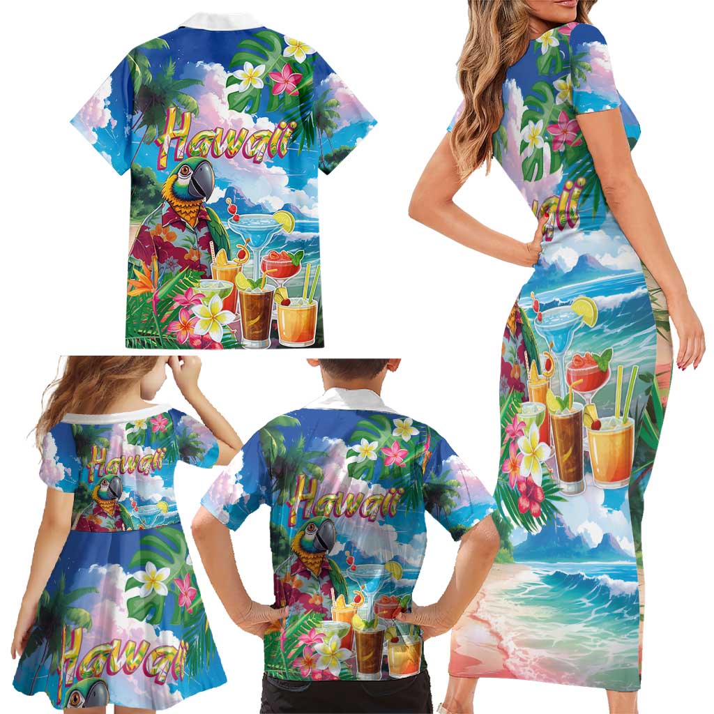 Hawaii Cocktails Family Matching Short Sleeve Bodycon Dress and Hawaiian Shirt Parrot with Cute Beach Landscape and Tropical Plants LT03 - Polynesian Pride