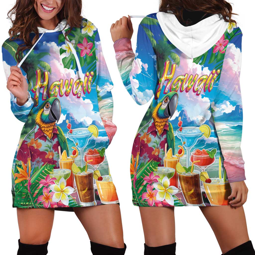 Hawaii Cocktails Hoodie Dress Parrot with Cute Beach Landscape and Tropical Plants LT03 - Polynesian Pride