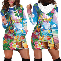 Hawaii Cocktails Hoodie Dress Parrot with Cute Beach Landscape and Tropical Plants LT03 - Polynesian Pride