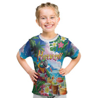 Hawaii Cocktails Kid T Shirt Parrot with Cute Beach Landscape and Tropical Plants