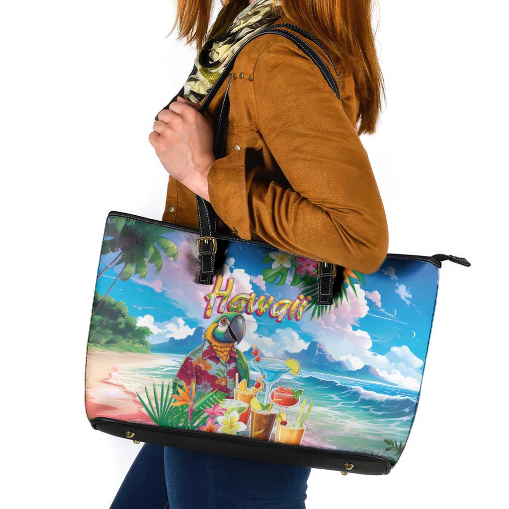 Hawaii Cocktails Leather Tote Bag Parrot with Cute Beach Landscape and Tropical Plants LT03 Pastel - Polynesian Pride