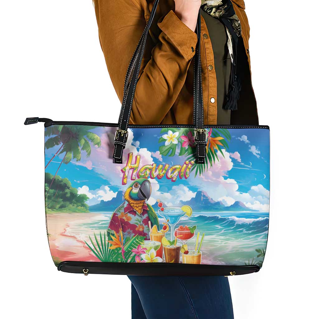 Hawaii Cocktails Leather Tote Bag Parrot with Cute Beach Landscape and Tropical Plants LT03 - Polynesian Pride