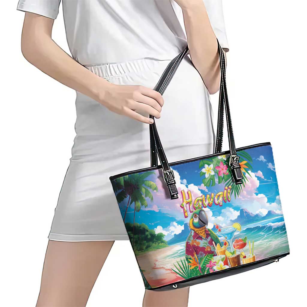 Hawaii Cocktails Leather Tote Bag Parrot with Cute Beach Landscape and Tropical Plants LT03 - Polynesian Pride