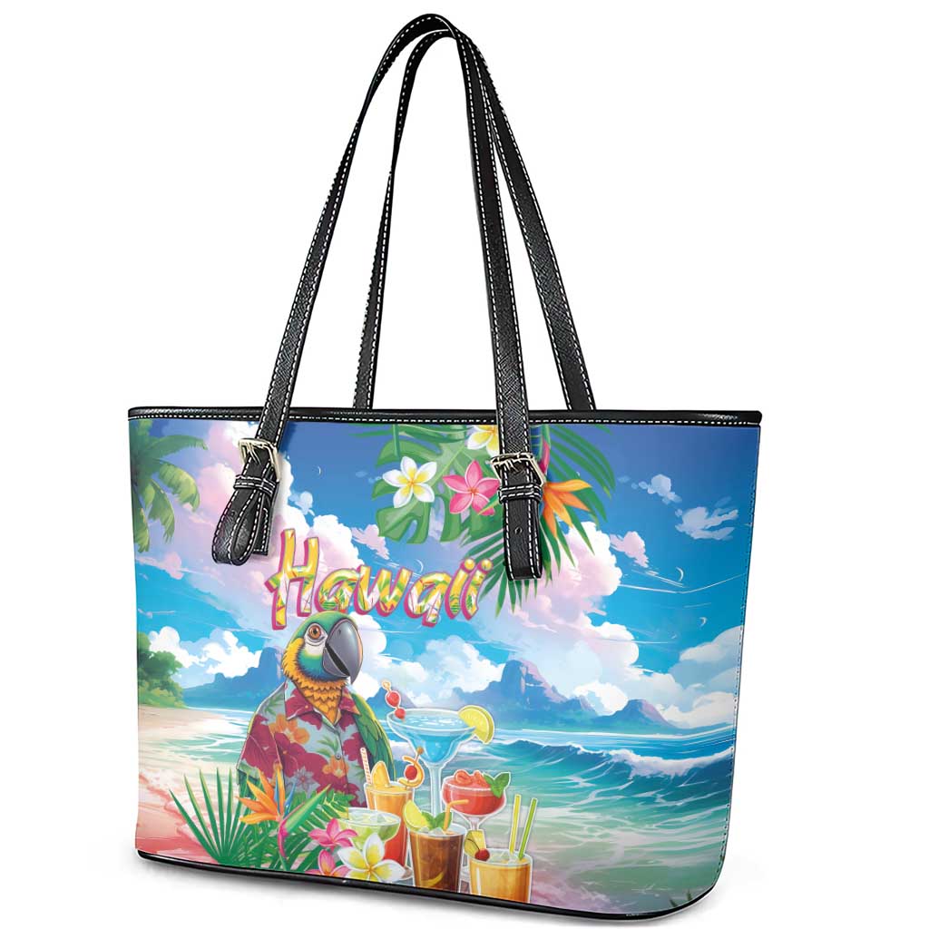 Hawaii Cocktails Leather Tote Bag Parrot with Cute Beach Landscape and Tropical Plants LT03 - Polynesian Pride