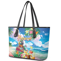 Hawaii Cocktails Leather Tote Bag Parrot with Cute Beach Landscape and Tropical Plants LT03 - Polynesian Pride