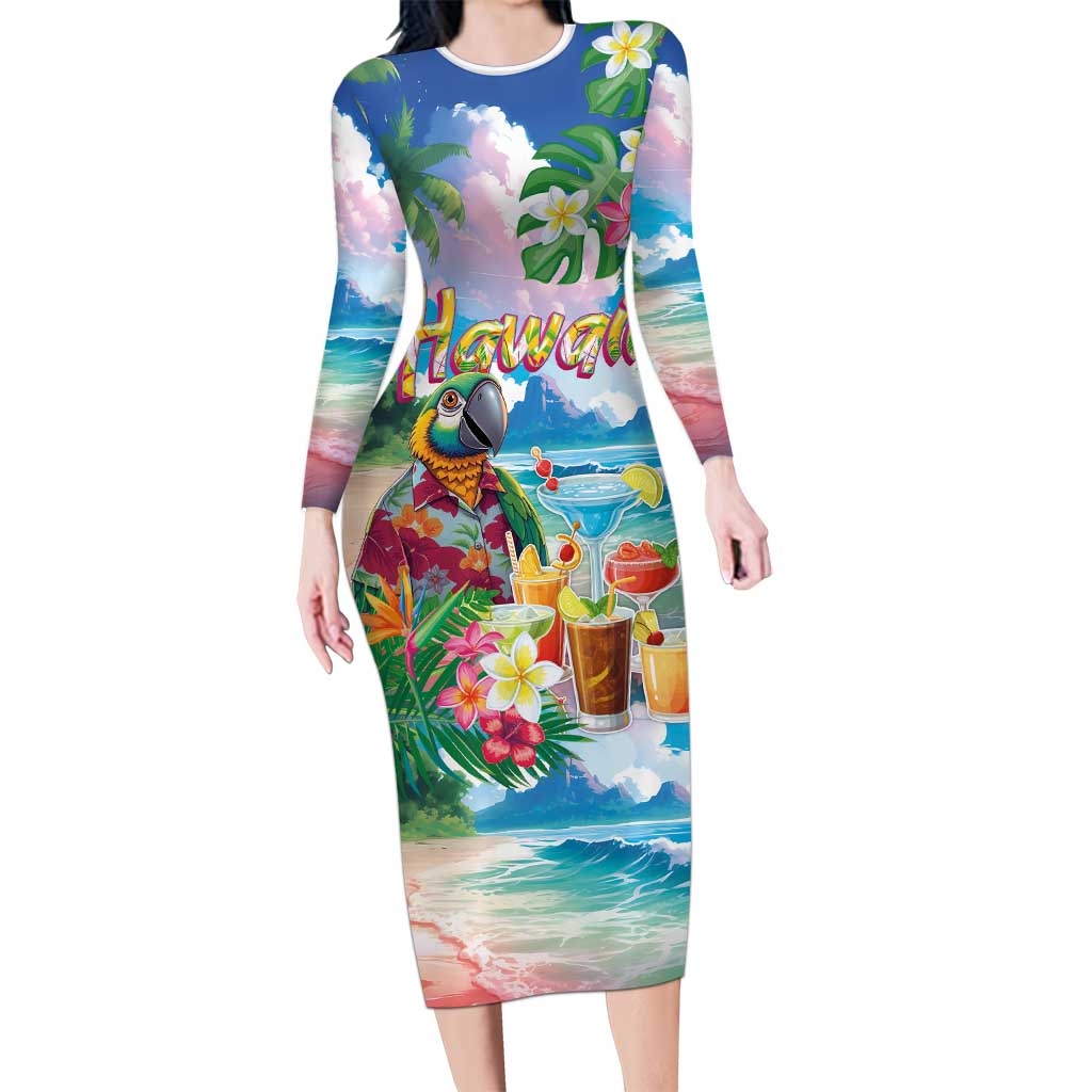 Hawaii Cocktails Long Sleeve Bodycon Dress Parrot with Cute Beach Landscape and Tropical Plants LT03 Long Dress Pastel - Polynesian Pride