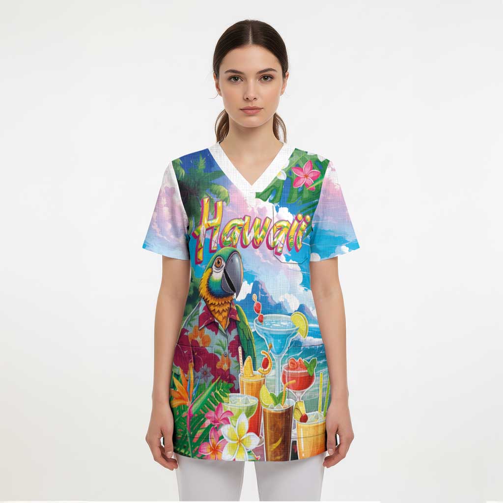 Hawaii Cocktails Scrub Top Parrot with Cute Beach Landscape and Tropical Plants - Polynesian Pride
