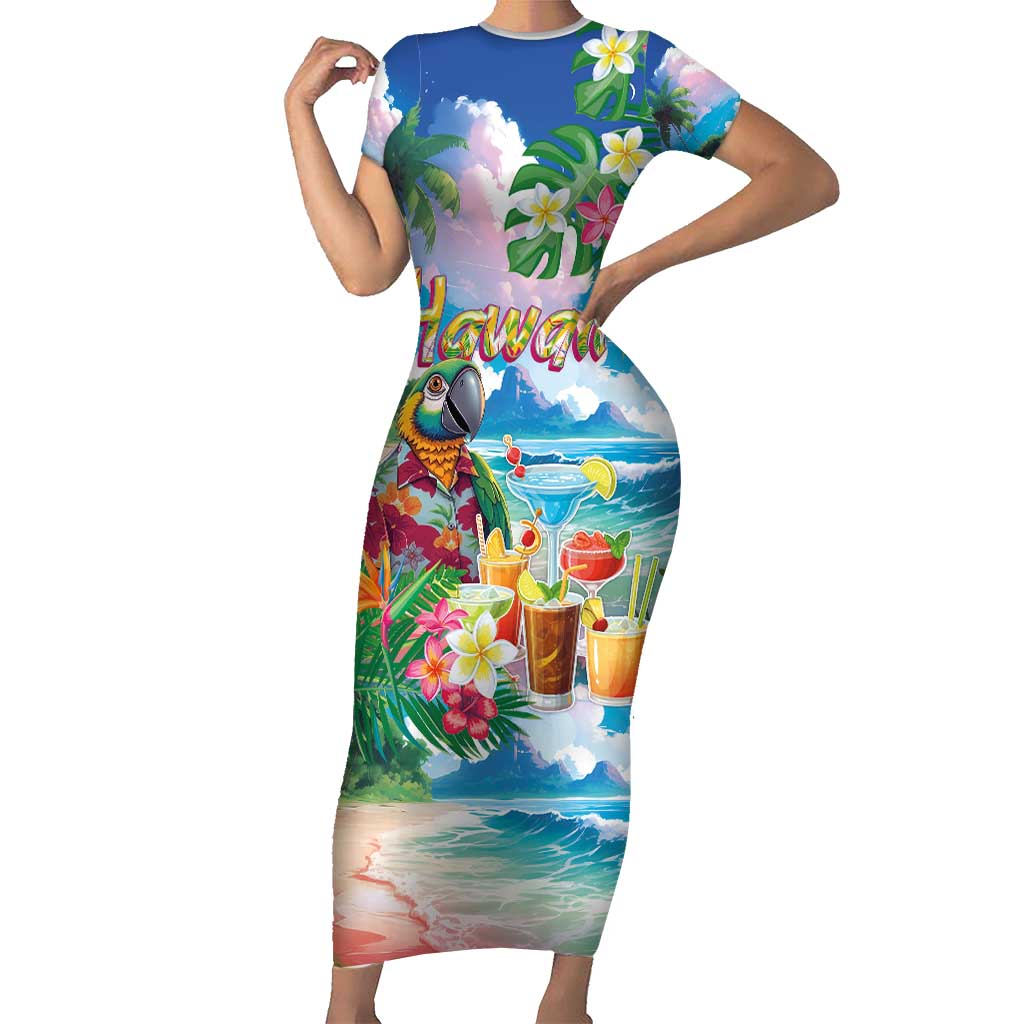 Hawaii Cocktails Short Sleeve Bodycon Dress Parrot with Cute Beach Landscape and Tropical Plants LT03 Long Dress Pastel - Polynesian Pride