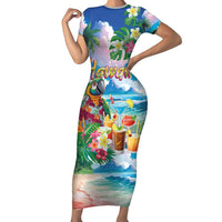 Hawaii Cocktails Short Sleeve Bodycon Dress Parrot with Cute Beach Landscape and Tropical Plants LT03 Long Dress Pastel - Polynesian Pride