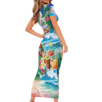 Hawaii Cocktails Short Sleeve Bodycon Dress Parrot with Cute Beach Landscape and Tropical Plants LT03 - Polynesian Pride