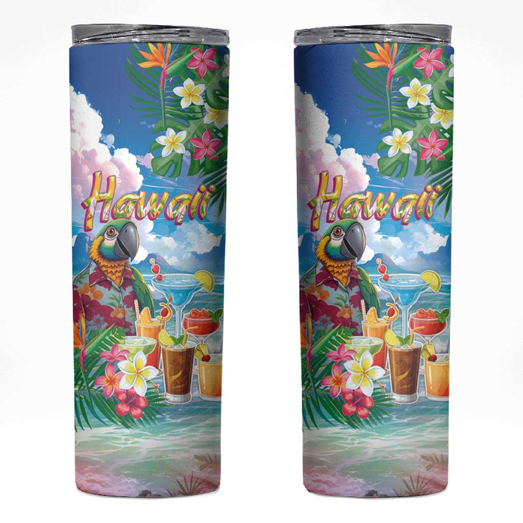 Hawaii Cocktails Skinny Tumbler Parrot with Cute Beach Landscape and Tropical Plants LT03 Pastel - Polynesian Pride