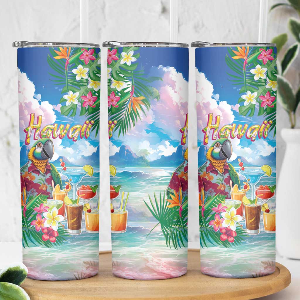 Hawaii Cocktails Skinny Tumbler Parrot with Cute Beach Landscape and Tropical Plants LT03 - Polynesian Pride