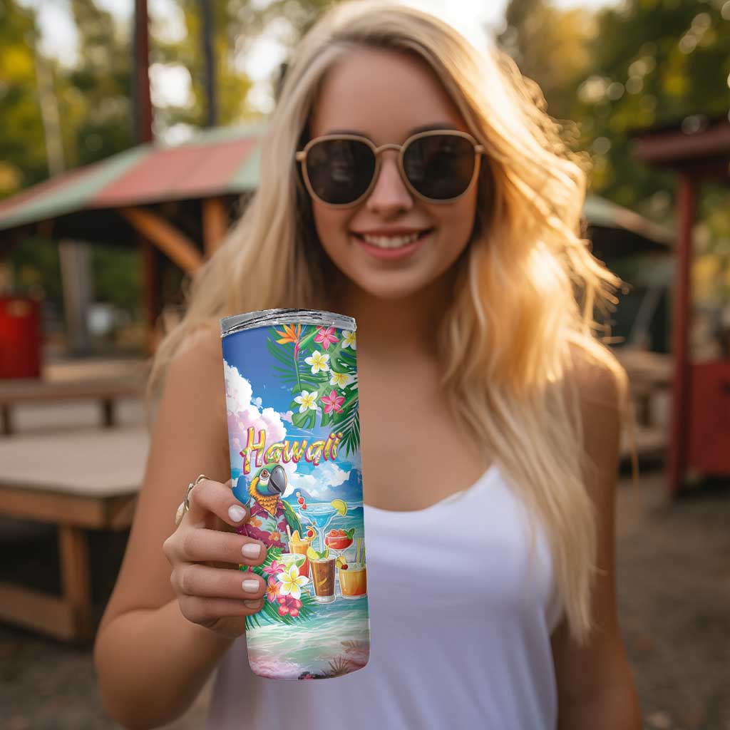 Hawaii Cocktails Skinny Tumbler Parrot with Cute Beach Landscape and Tropical Plants LT03 - Polynesian Pride