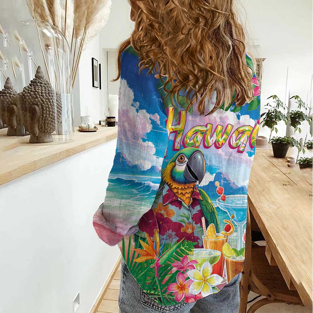 Hawaii Cocktails Women Casual Shirt Parrot with Cute Beach Landscape and Tropical Plants LT03 - Polynesian Pride