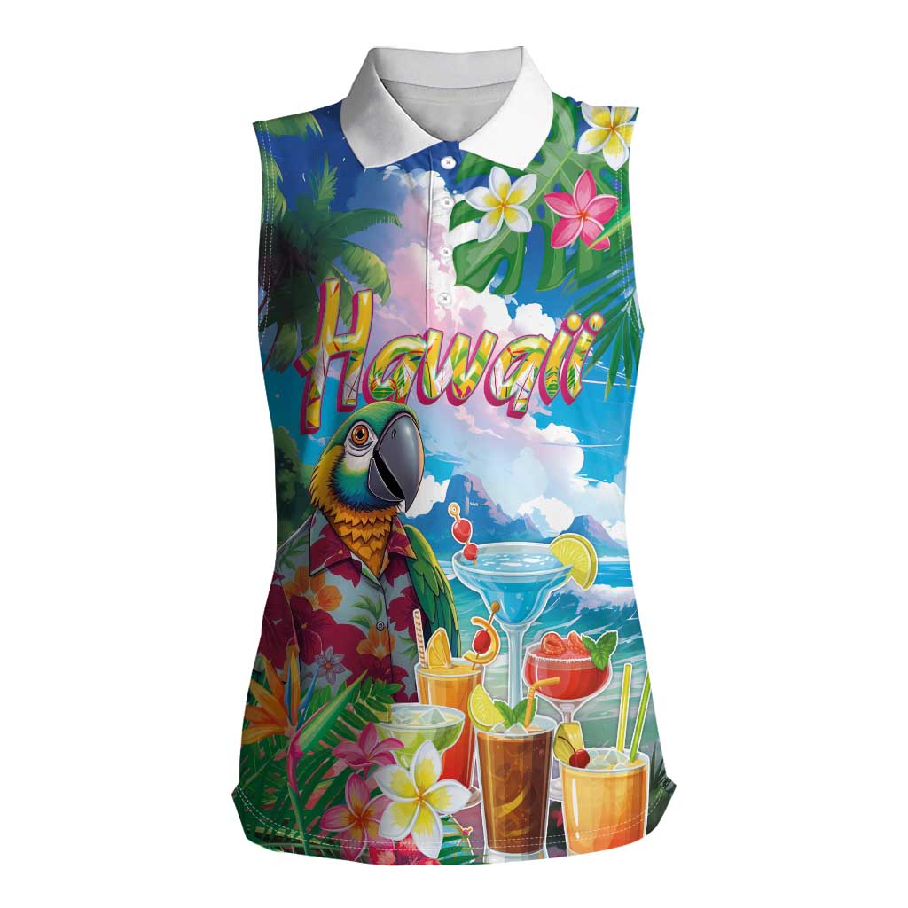 Hawaii Cocktails Women Sleeveless Polo Shirt Parrot with Cute Beach Landscape and Tropical Plants LT03 Female Pastel - Polynesian Pride