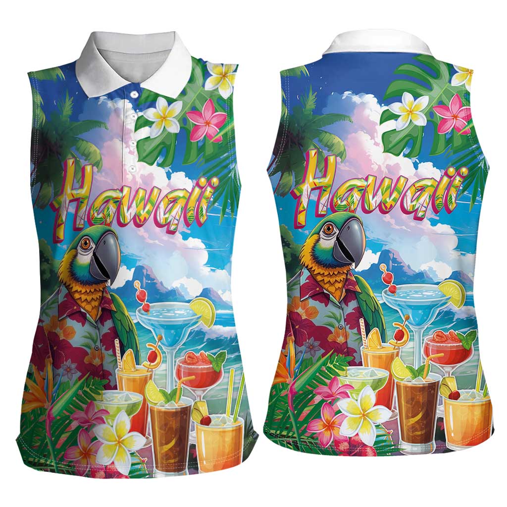 Hawaii Cocktails Women Sleeveless Polo Shirt Parrot with Cute Beach Landscape and Tropical Plants LT03 - Polynesian Pride