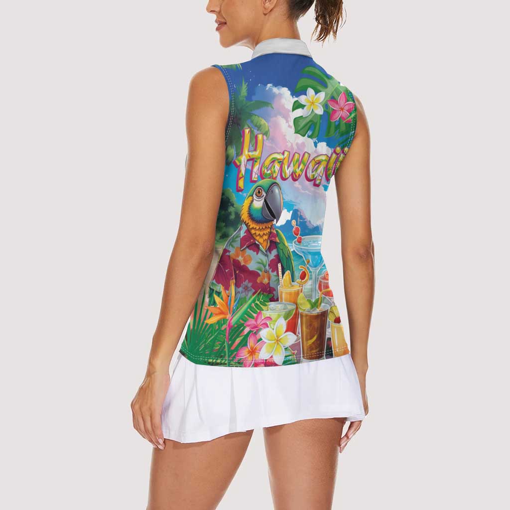 Hawaii Cocktails Women Sleeveless Polo Shirt Parrot with Cute Beach Landscape and Tropical Plants LT03 - Polynesian Pride