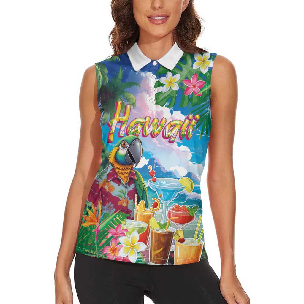 Hawaii Cocktails Women Sleeveless Polo Shirt Parrot with Cute Beach Landscape and Tropical Plants LT03 - Polynesian Pride