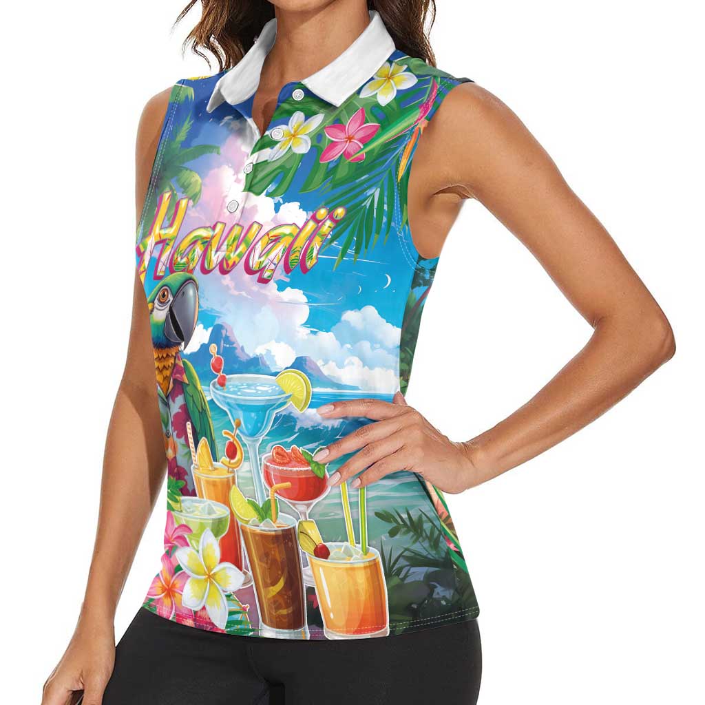 Hawaii Cocktails Women Sleeveless Polo Shirt Parrot with Cute Beach Landscape and Tropical Plants LT03 - Polynesian Pride