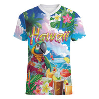 Hawaii Cocktails Women V-Neck T-Shirt Parrot with Cute Beach Landscape and Tropical Plants LT03 Female Pastel - Polynesian Pride