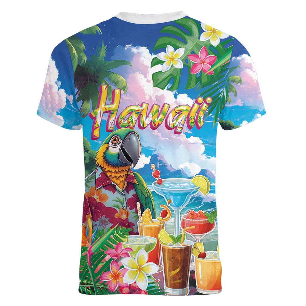Hawaii Cocktails Women V-Neck T-Shirt Parrot with Cute Beach Landscape and Tropical Plants LT03 - Polynesian Pride