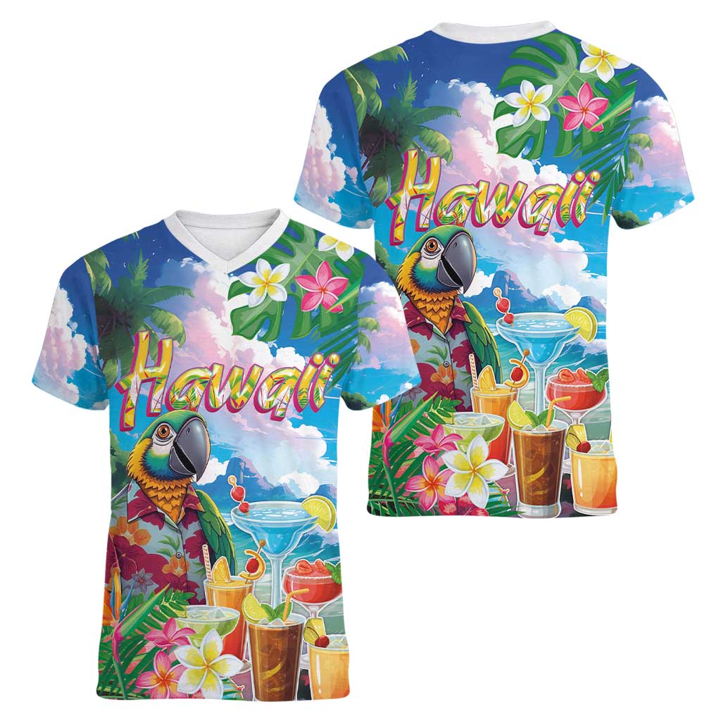Hawaii Cocktails Women V-Neck T-Shirt Parrot with Cute Beach Landscape and Tropical Plants LT03 - Polynesian Pride