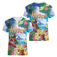 Hawaii Cocktails Women V-Neck T-Shirt Parrot with Cute Beach Landscape and Tropical Plants LT03 - Polynesian Pride