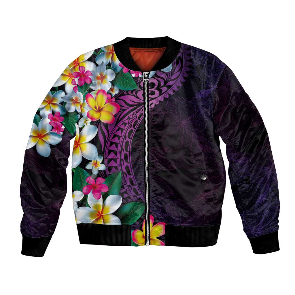 Hawaiian Plumeria-Polynesian Art Tattoo Mauve Color Bomber Jacket LT03 Unisex Purple - Polynesian Pride