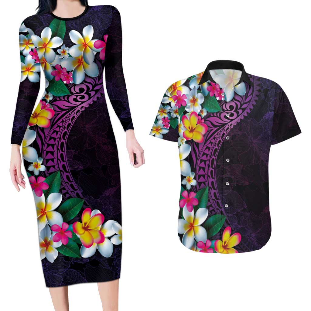 Hawaiian Plumeria-Polynesian Art Tattoo Mauve Color Couples Matching Long Sleeve Bodycon Dress and Hawaiian Shirt LT03 Purple - Polynesian Pride