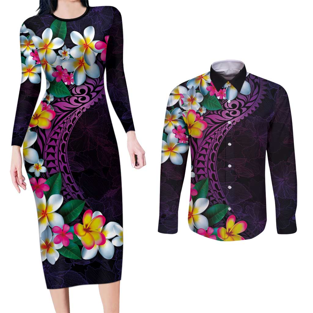 Hawaiian Plumeria-Polynesian Art Tattoo Mauve Color Couples Matching Long Sleeve Bodycon Dress and Long Sleeve Button Shirt LT03 Purple - Polynesian Pride