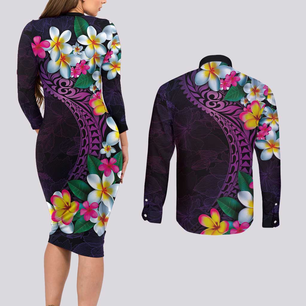 Hawaiian Plumeria-Polynesian Art Tattoo Mauve Color Couples Matching Long Sleeve Bodycon Dress and Long Sleeve Button Shirt LT03 - Polynesian Pride