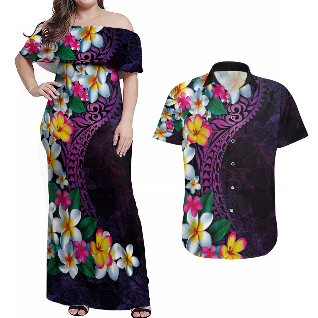 Hawaiian Plumeria-Polynesian Art Tattoo Mauve Color Couples Matching Off Shoulder Maxi Dress and Hawaiian Shirt LT03 Purple - Polynesian Pride