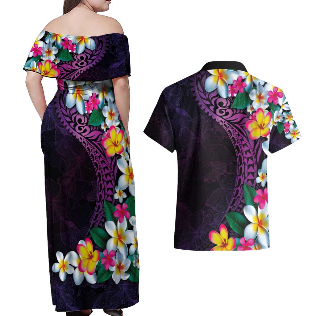Hawaiian Plumeria-Polynesian Art Tattoo Mauve Color Couples Matching Off Shoulder Maxi Dress and Hawaiian Shirt LT03 - Polynesian Pride