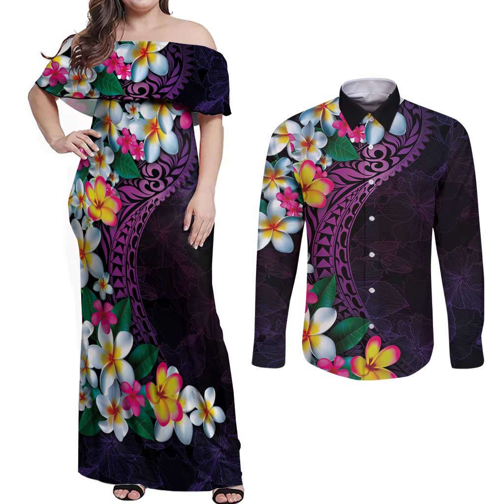 Hawaiian Plumeria-Polynesian Art Tattoo Mauve Color Couples Matching Off Shoulder Maxi Dress and Long Sleeve Button Shirt LT03 Purple - Polynesian Pride