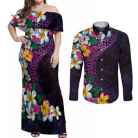 Hawaiian Plumeria-Polynesian Art Tattoo Mauve Color Couples Matching Off Shoulder Maxi Dress and Long Sleeve Button Shirt LT03 Purple - Polynesian Pride
