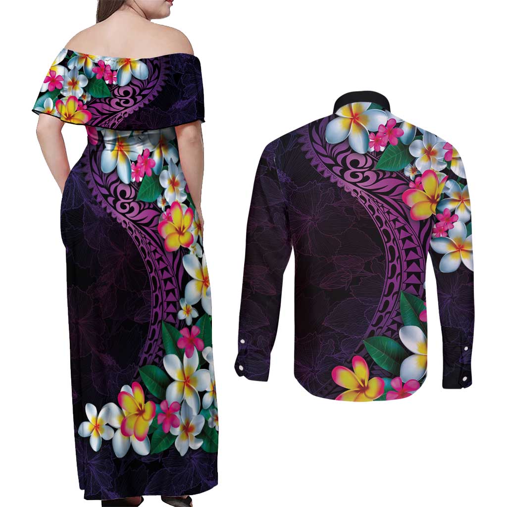 Hawaiian Plumeria-Polynesian Art Tattoo Mauve Color Couples Matching Off Shoulder Maxi Dress and Long Sleeve Button Shirt LT03 - Polynesian Pride