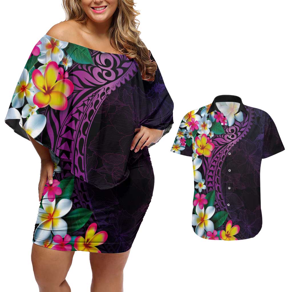 Hawaiian Plumeria-Polynesian Art Tattoo Mauve Color Couples Matching Off Shoulder Short Dress and Hawaiian Shirt LT03 Purple - Polynesian Pride