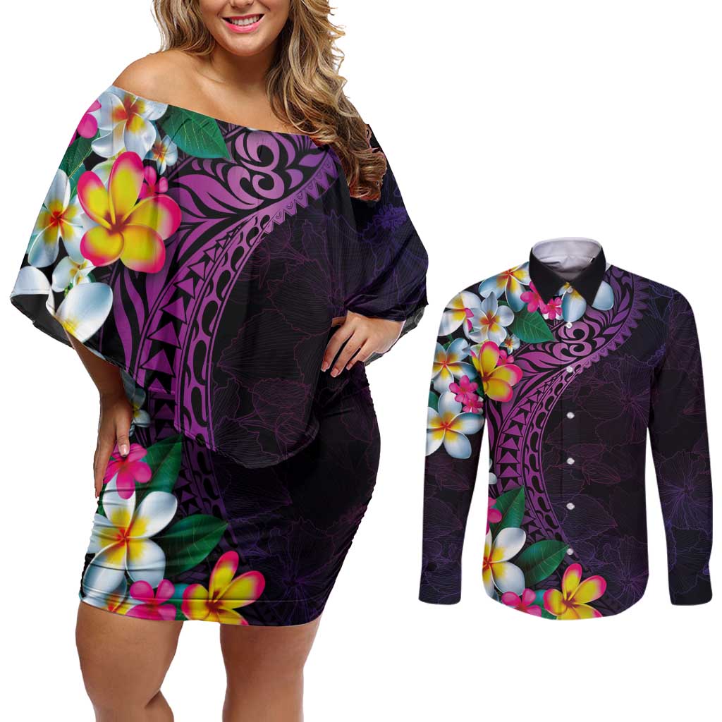 Hawaiian Plumeria-Polynesian Art Tattoo Mauve Color Couples Matching Off Shoulder Short Dress and Long Sleeve Button Shirt LT03 Purple - Polynesian Pride