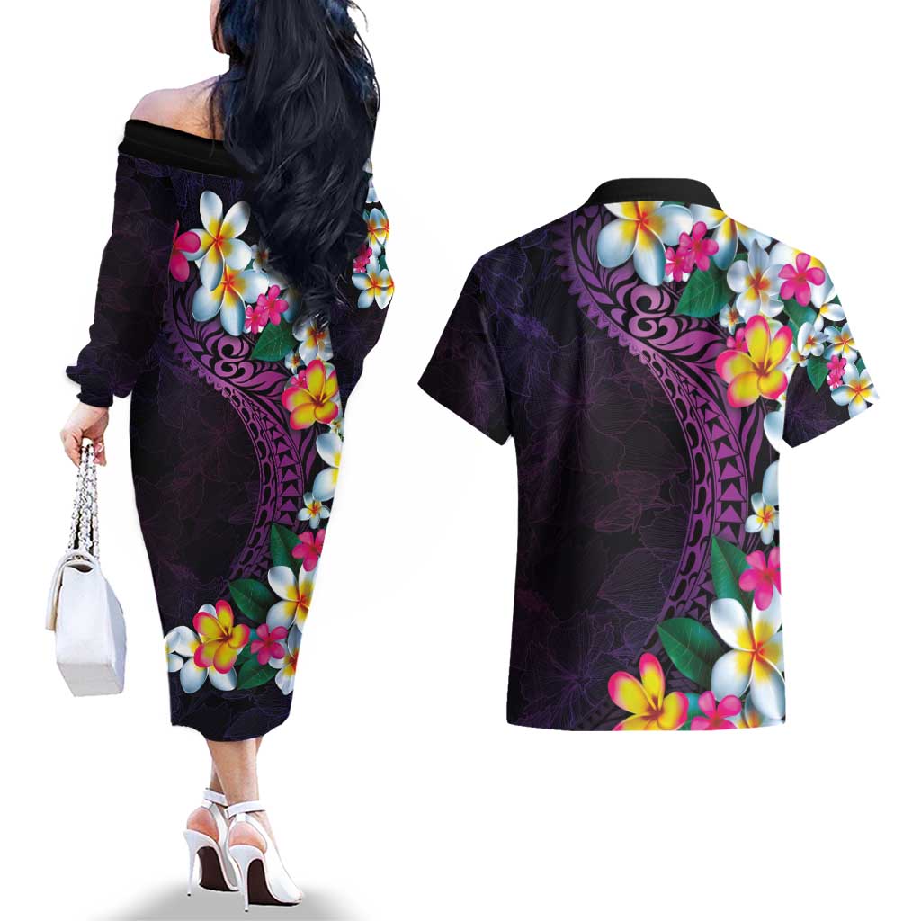 Hawaiian Plumeria-Polynesian Art Tattoo Mauve Color Couples Matching Off The Shoulder Long Sleeve Dress and Hawaiian Shirt LT03 - Polynesian Pride