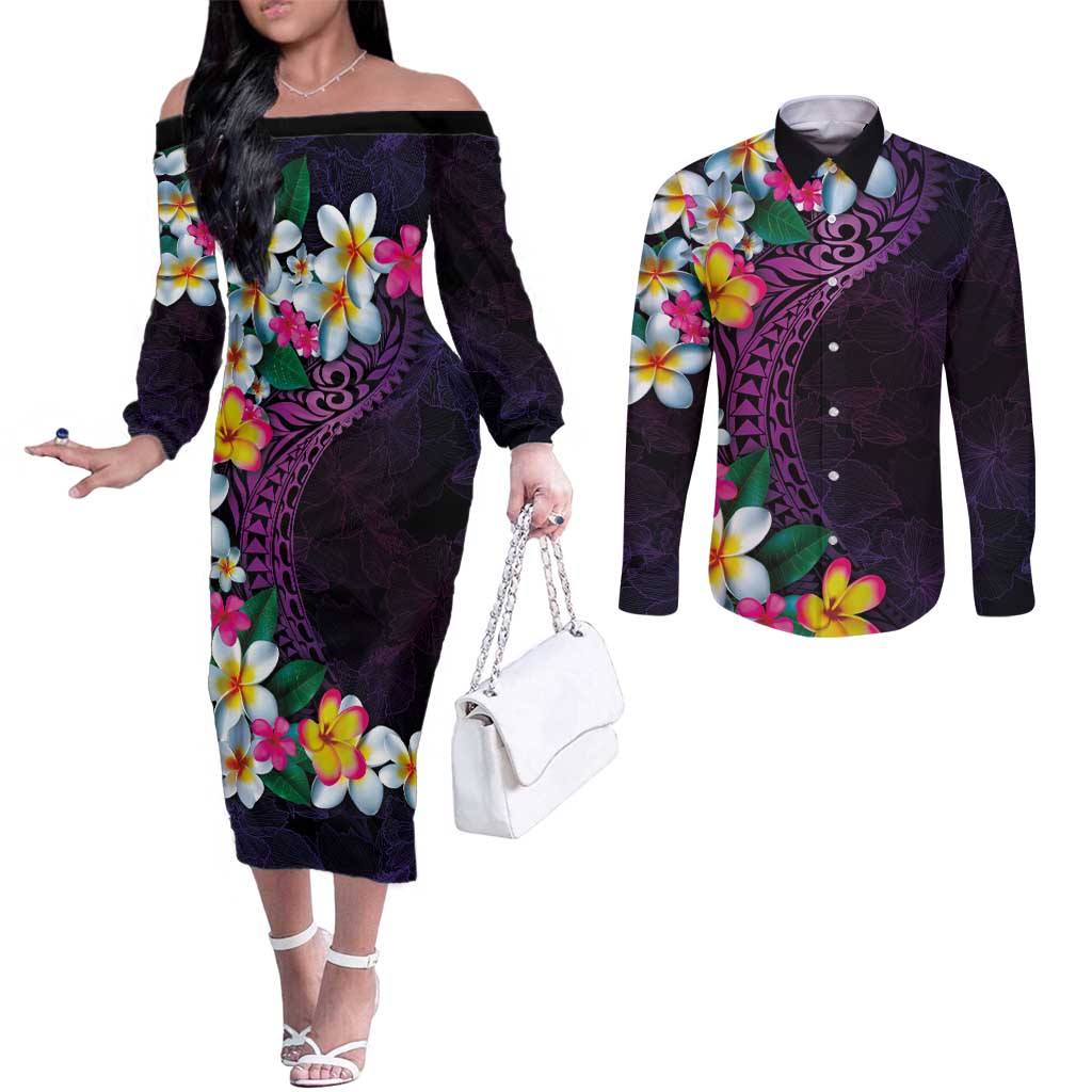 Hawaiian Plumeria-Polynesian Art Tattoo Mauve Color Couples Matching Off The Shoulder Long Sleeve Dress and Long Sleeve Button Shirt LT03 Purple - Polynesian Pride