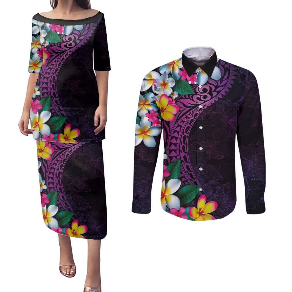 Hawaiian Plumeria-Polynesian Art Tattoo Mauve Color Couples Matching Puletasi and Long Sleeve Button Shirt LT03 Purple - Polynesian Pride