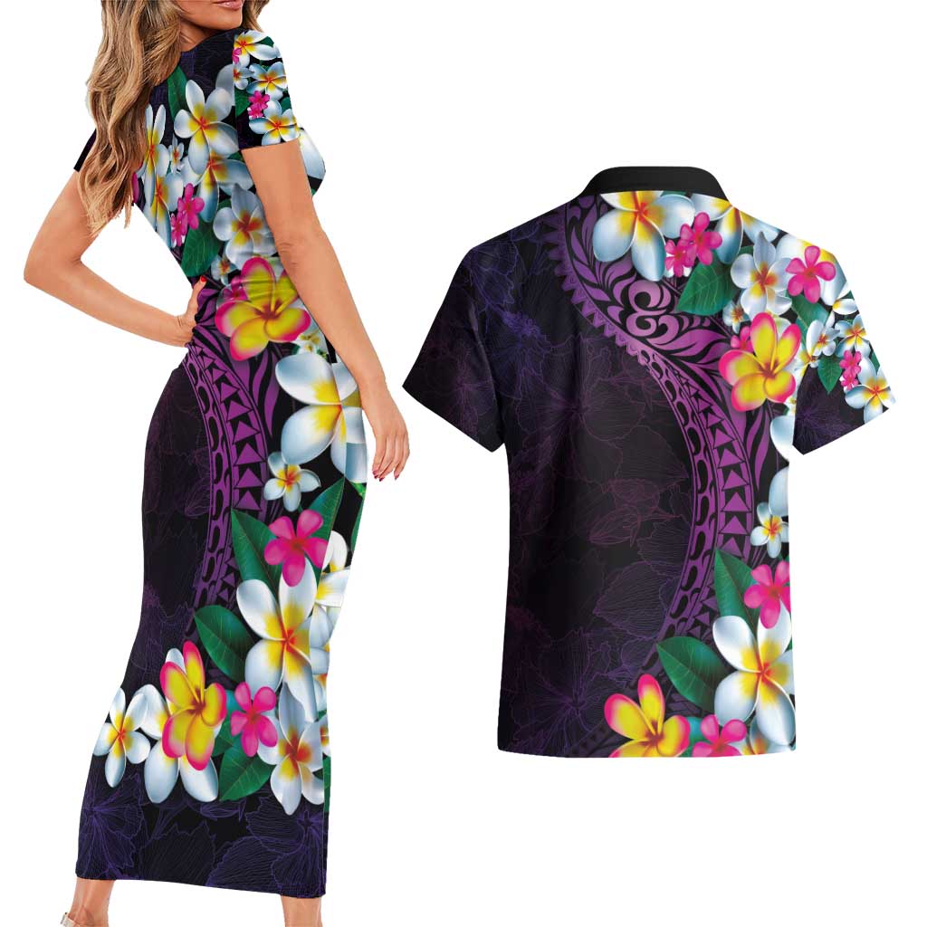 Hawaiian Plumeria-Polynesian Art Tattoo Mauve Color Couples Matching Short Sleeve Bodycon Dress and Hawaiian Shirt LT03 - Polynesian Pride