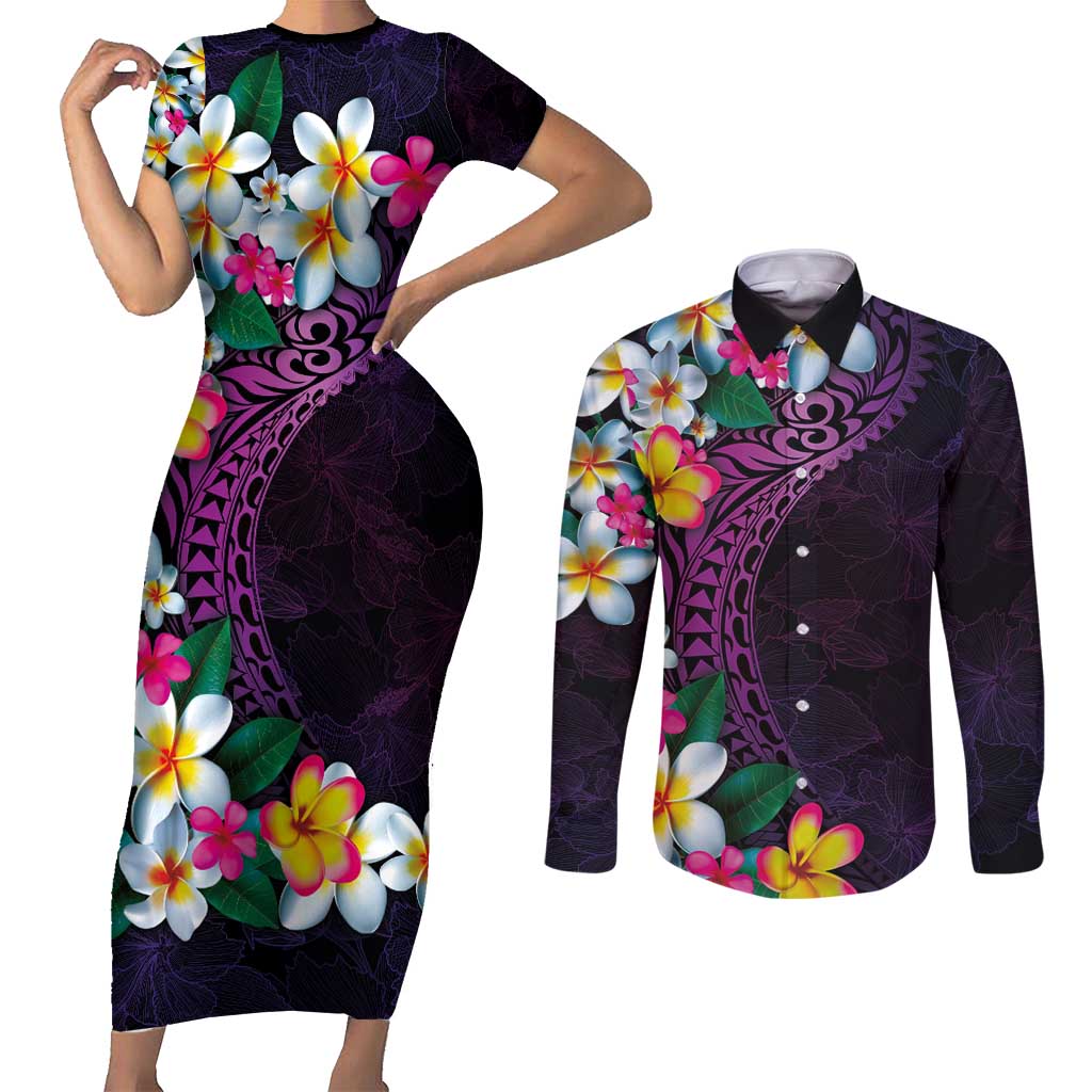 Hawaiian Plumeria-Polynesian Art Tattoo Mauve Color Couples Matching Short Sleeve Bodycon Dress and Long Sleeve Button Shirt LT03 Purple - Polynesian Pride