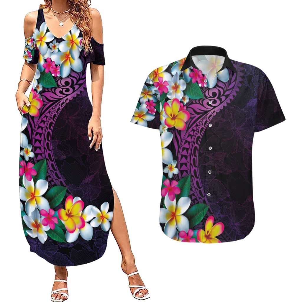 Hawaiian Plumeria-Polynesian Art Tattoo Mauve Color Couples Matching Summer Maxi Dress and Hawaiian Shirt LT03 Purple - Polynesian Pride