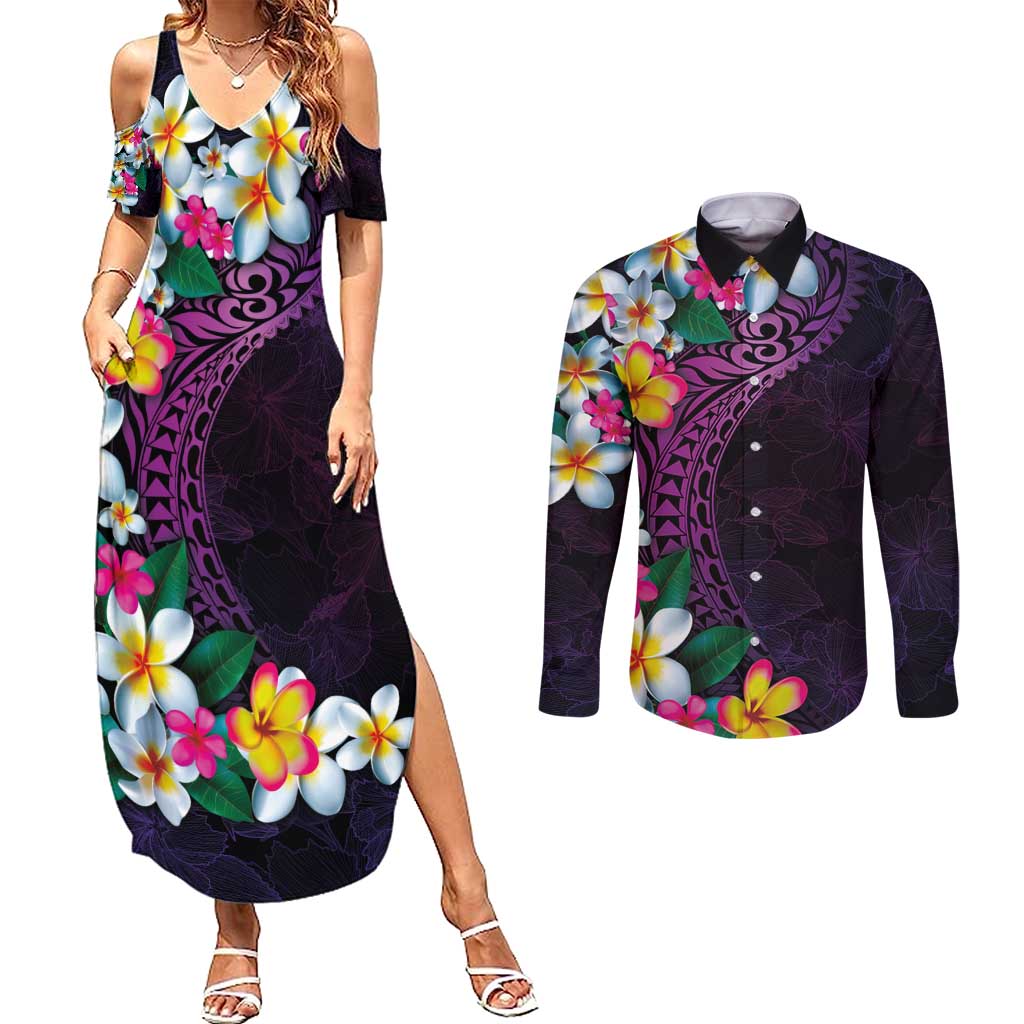 Hawaiian Plumeria-Polynesian Art Tattoo Mauve Color Couples Matching Summer Maxi Dress and Long Sleeve Button Shirt LT03 Purple - Polynesian Pride