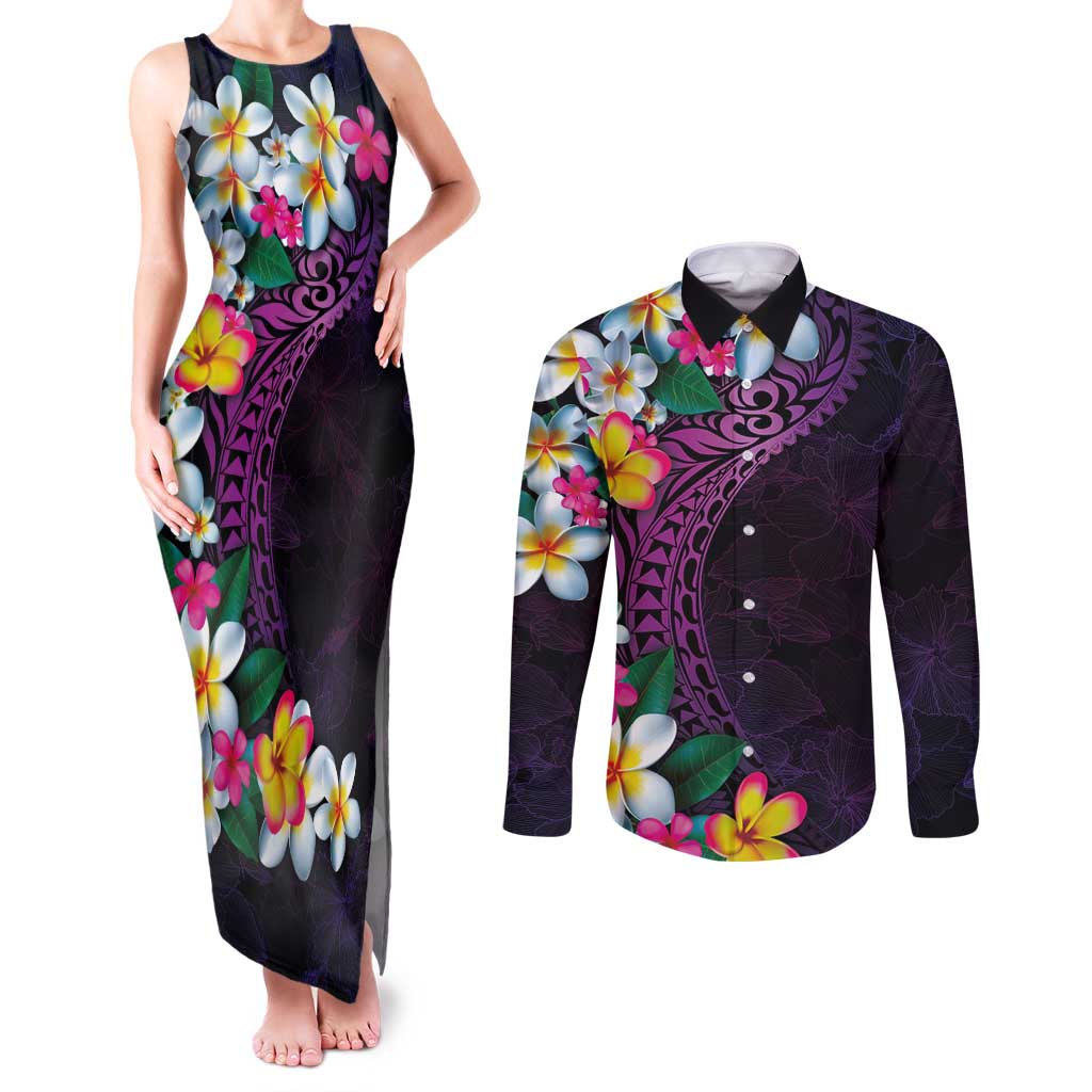 Hawaiian Plumeria-Polynesian Art Tattoo Mauve Color Couples Matching Tank Maxi Dress and Long Sleeve Button Shirt LT03 Purple - Polynesian Pride